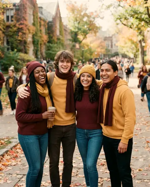Four college friends in maroon and gold sweaters and scarves laughing on a leafy campus path