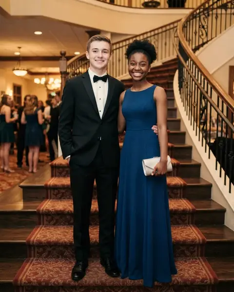 A boy in a tuxedo and a girl in a royal blue gown standing on a grand staircase before a dance