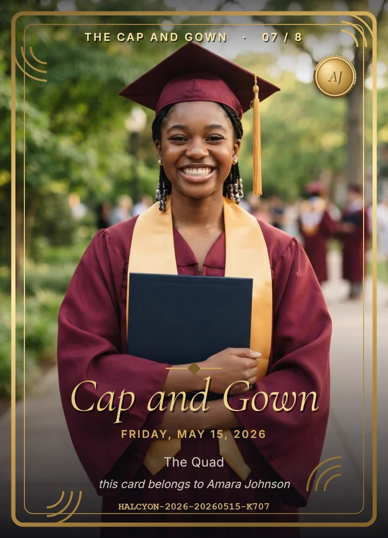 A smiling graduate in a maroon gown and gold stole, on a full-bleed maroon and gold keepsake card