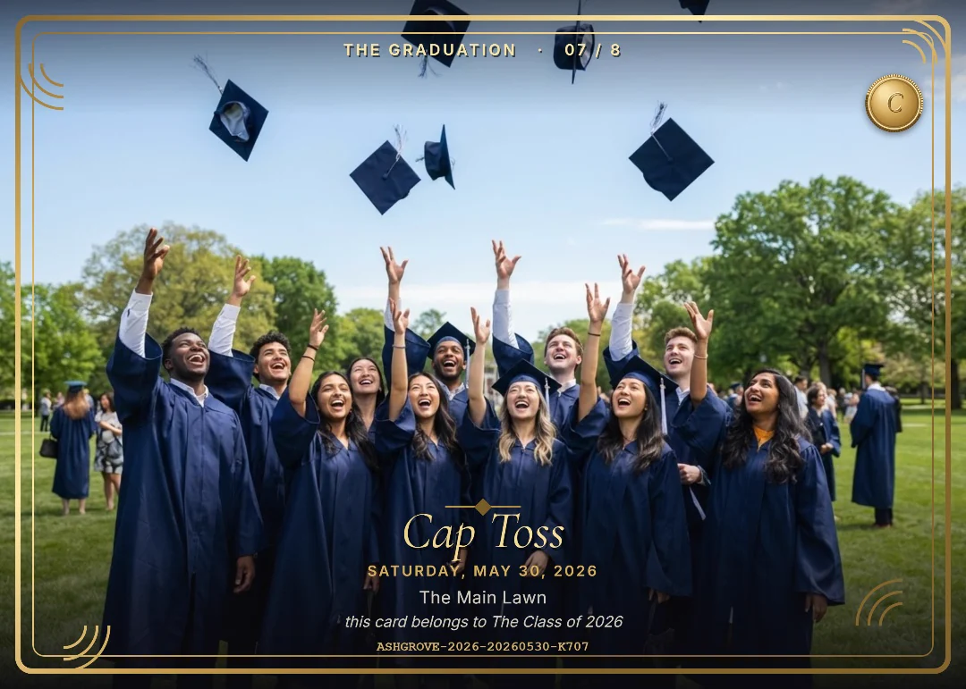 A joyful group of graduates throwing their caps into a blue sky, on a wide full-bleed navy and silver keepsake card