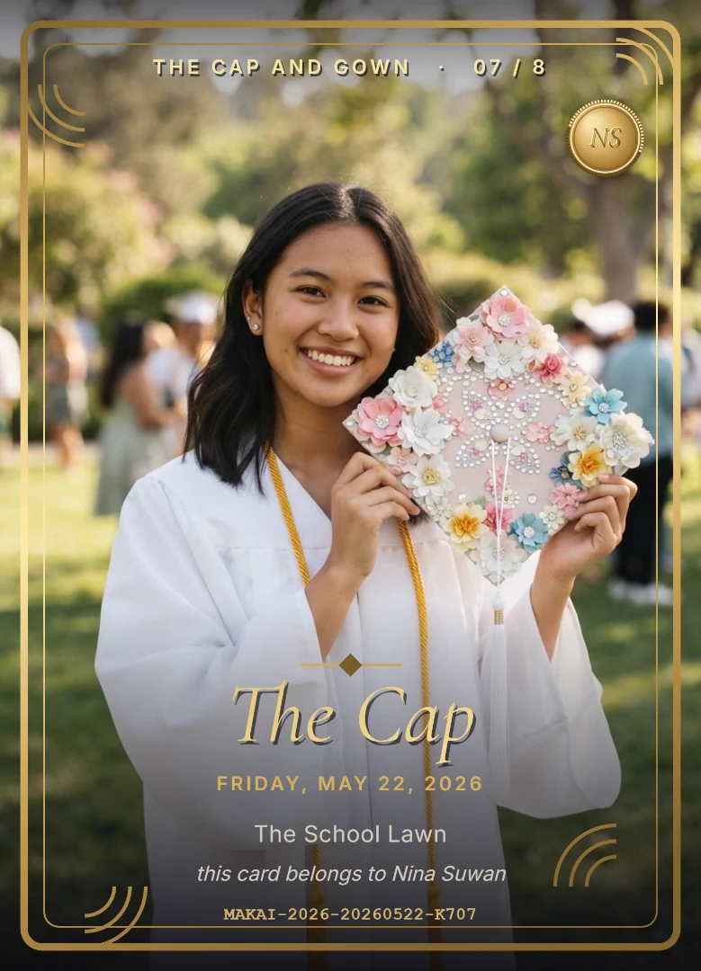 A high school graduate in a white gown holding up her graduation cap covered in paper flowers and rhinestones, on a full-bleed purple and gold keepsake card