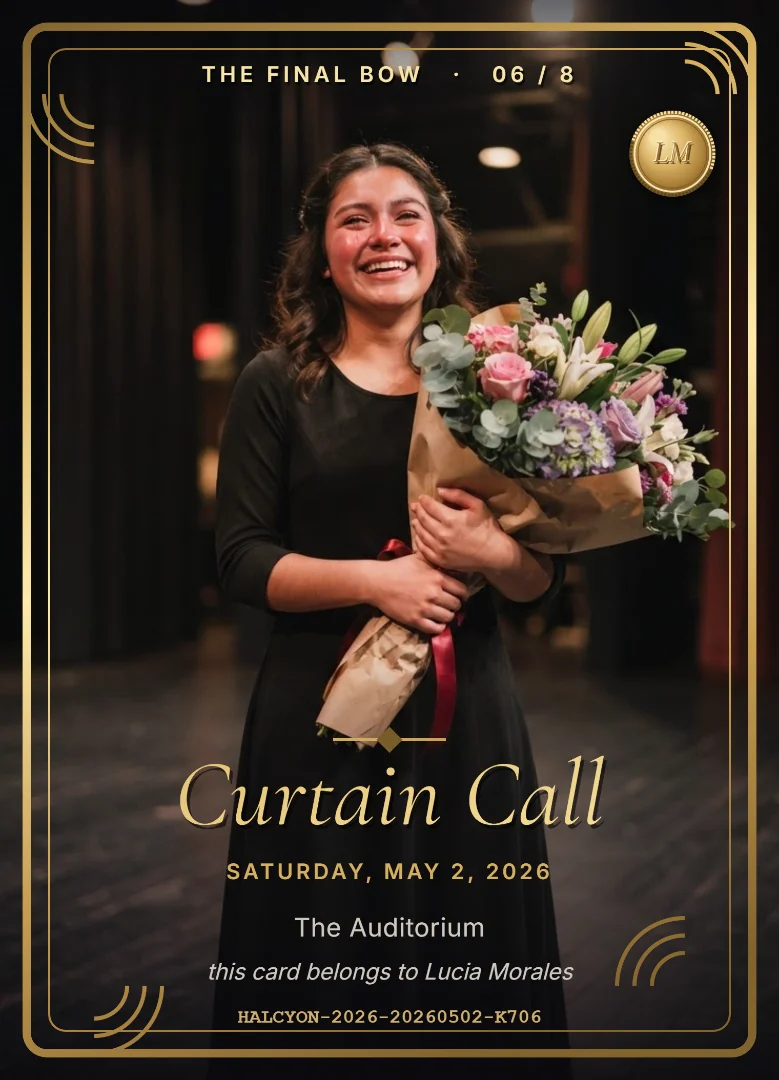 A high school senior in a black concert dress holding a bouquet on a theater stage after her last performance, on a full-bleed black and gold keepsake card