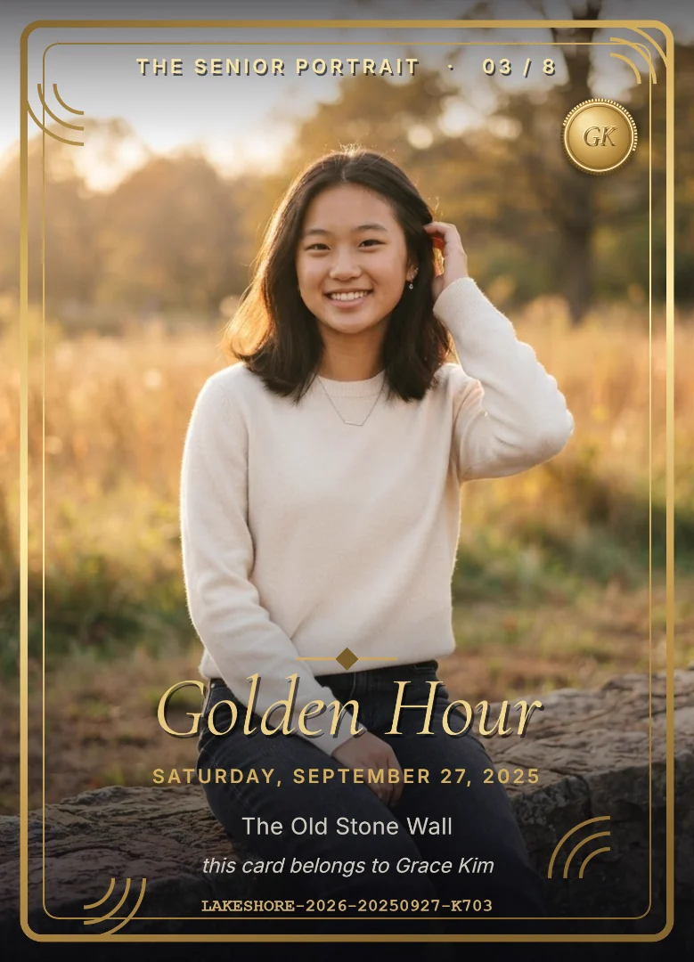 A senior in a cream sweater smiling on a stone wall at golden hour, on a full-bleed black and gold keepsake card