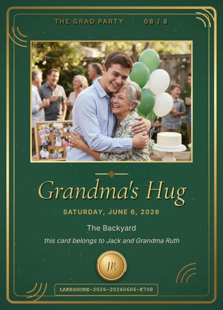 A graduate hugging his grandmother at a backyard party with green and white balloons, on a forest green and gold keepsake card