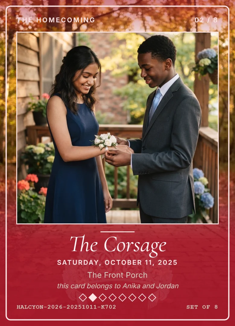 A girl in a navy dress and a boy in a gray suit on a front porch as he slides a white corsage onto her wrist, on a red and white keepsake card
