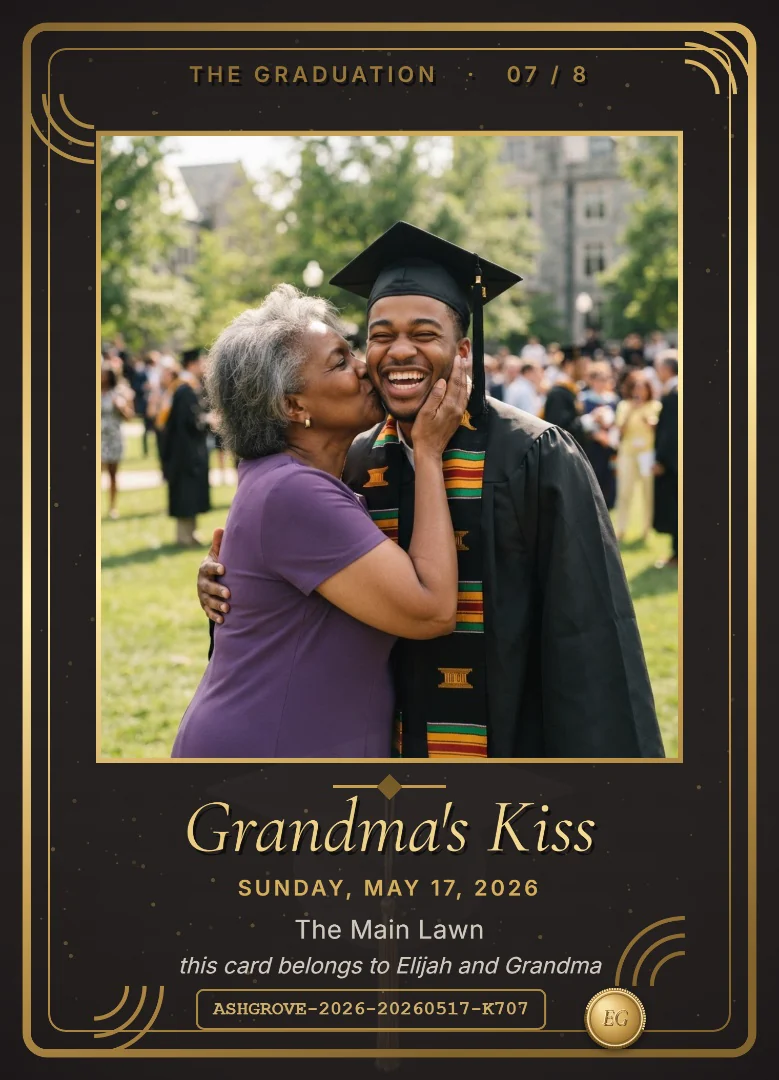 A college graduate in a kente stole laughing as his grandmother kisses his cheek on a sunny lawn, on a black and red keepsake card