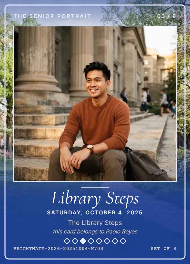 A college senior in a rust sweater smiling on the stone steps of a campus library, on a royal blue and white keepsake card