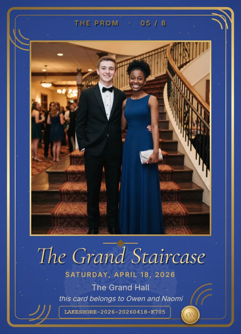 A boy in a black tuxedo and a girl in a royal blue gown standing side by side on a grand staircase, on a royal blue and white keepsake card