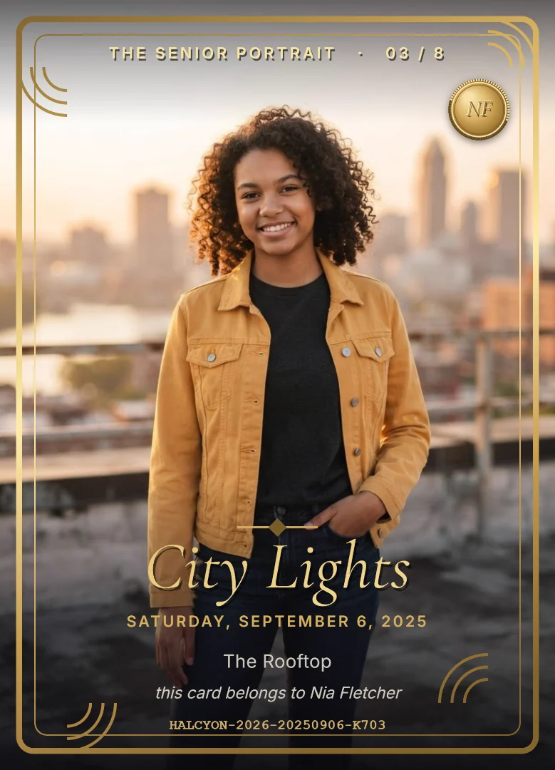 A high school senior in a mustard yellow jacket standing on a city rooftop at golden hour, on a full-bleed black and gold keepsake card