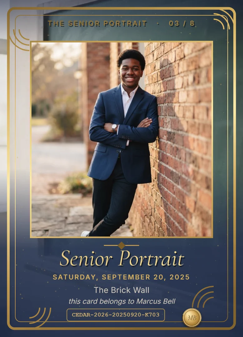 A senior in a navy blazer leaning on a brick wall with his arms folded, on a navy and gold keepsake card