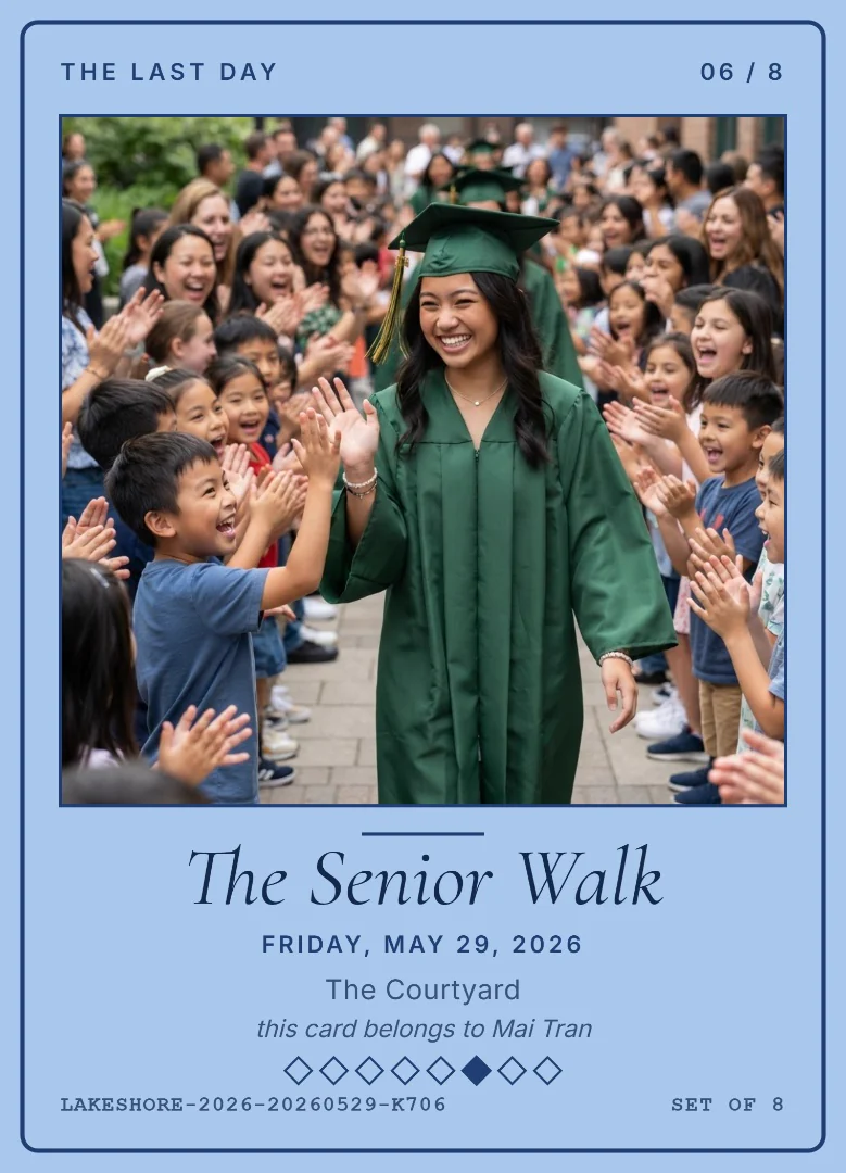 A high school graduate in a green gown giving a high five to a young boy as students and parents line the senior walk and cheer, on a sky blue and navy keepsake card