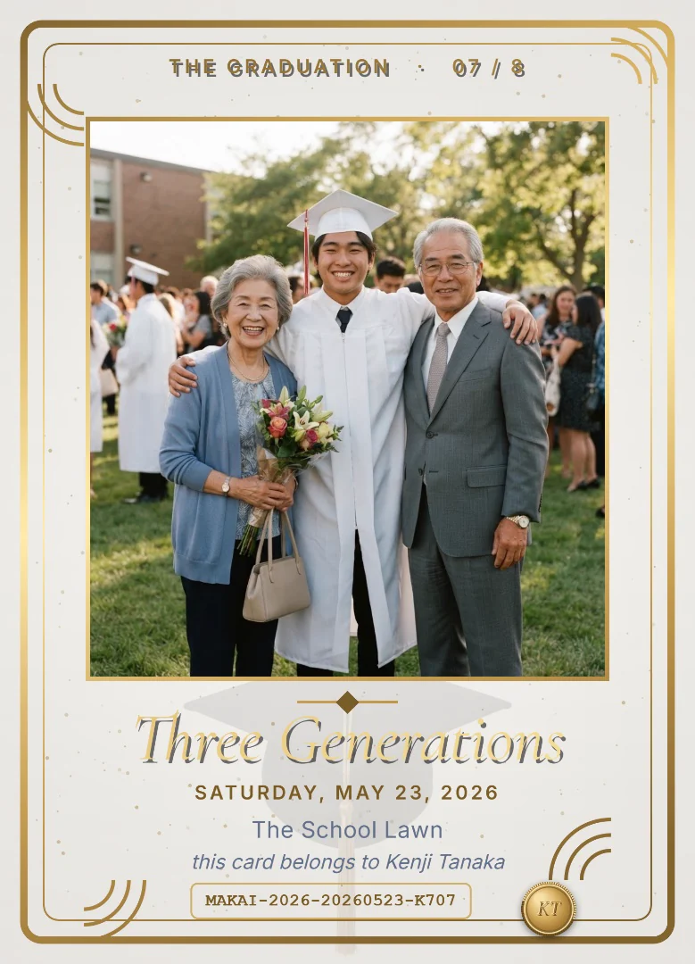 A high school graduate in a white gown standing proudly between his grandmother and grandfather, on a white and navy keepsake card