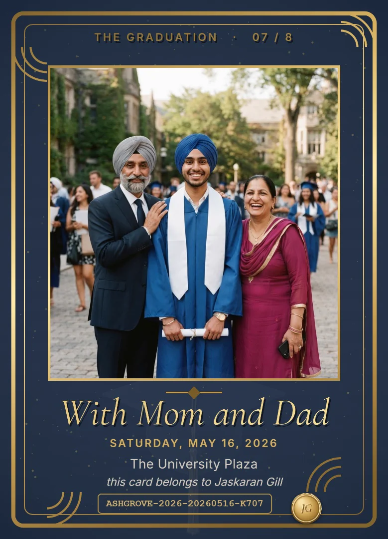 A college graduate in a royal blue turban and gown standing proudly between his father and mother on a university plaza, on a navy and silver keepsake card