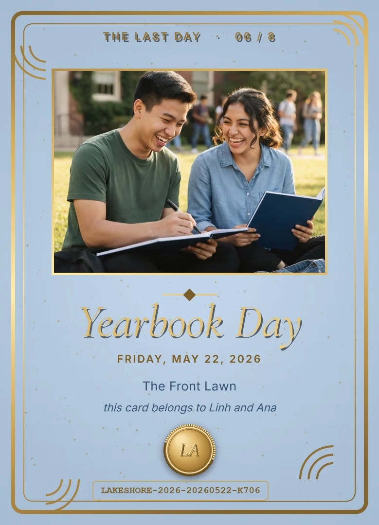 Two friends laughing as they sign each other&rsquo;s yearbooks on the lawn, on a sky blue and navy keepsake card